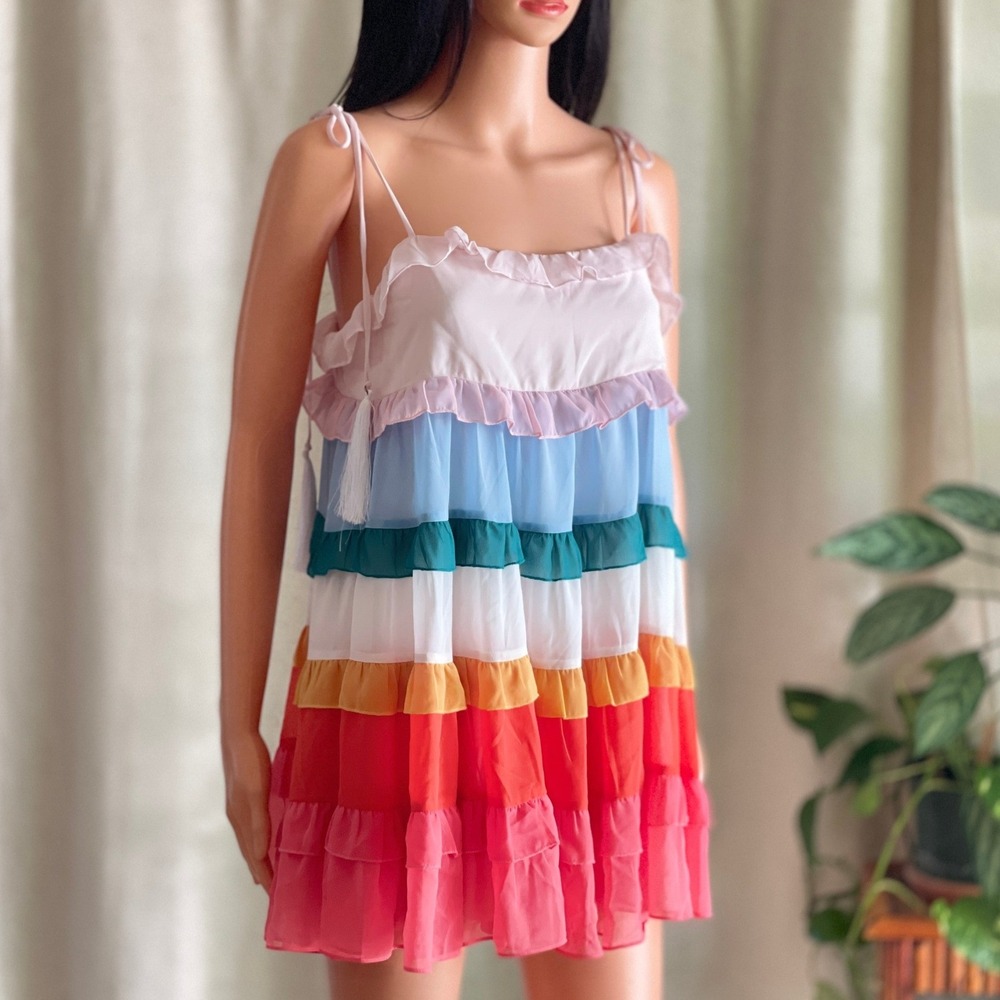 Rainbow Ruffled Tiered Babydoll Mini Dress Fairy Goddess Boho Festival‎ Pride S